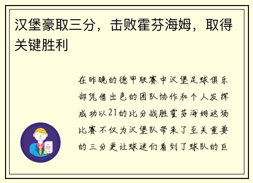 汉堡豪取三分，击败霍芬海姆，取得关键胜利